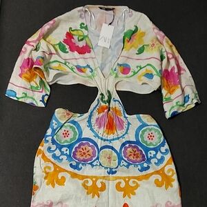 ​Zara Floral Print Linen Blend V-Neck Cut Out Side Slit Midi Dress XXL